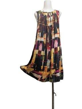 🦉🦉 100% Silk, Sleeveless Abstract Print Babydoll Dress in Black and Mustard